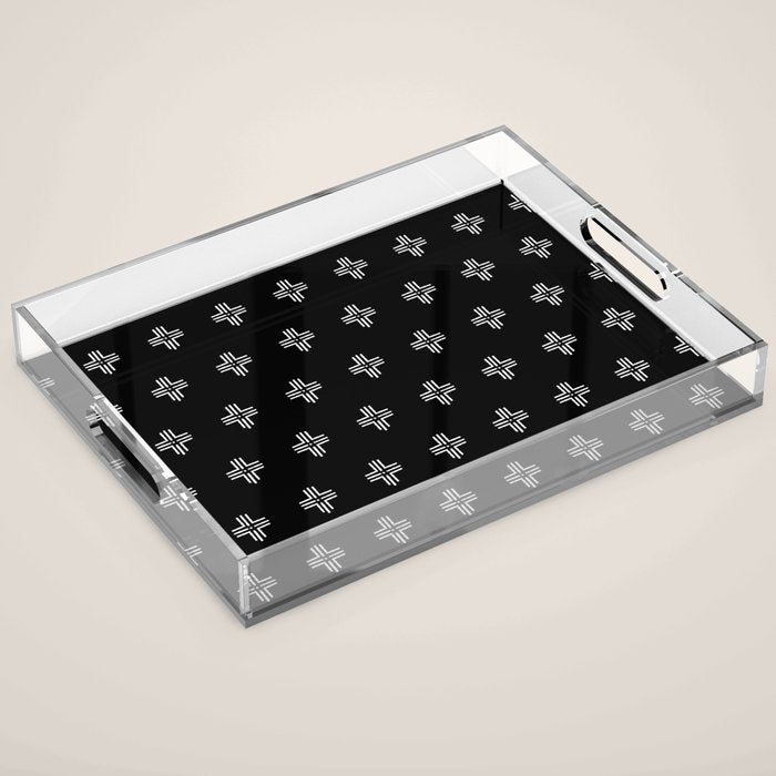 Mudcloth Cross - mudcloth, mud cloth, boho, black and white, bohemian, mudcloth pillow, boho decor Acrylic Tray Gallery Image 1