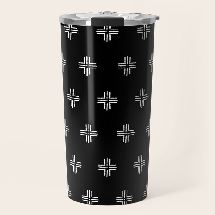 Mudcloth Cross - mudcloth, mud cloth, boho, black and white, bohemian, mudcloth pillow, boho decor Travel Mug Gallery Image 1