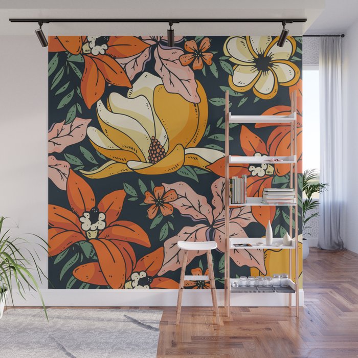 Night Forest, Colorful Dark Eclectic Floral Nature Botanical Jungle Floral Bohemian Illustration Wall Mural Gallery Image 1