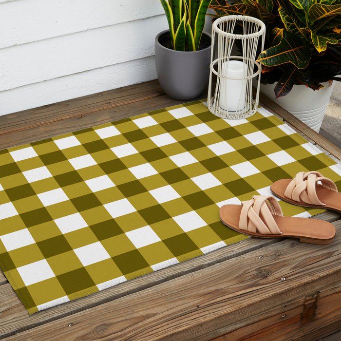 Mustard Olive Gingham Check Outdoor Rug Gallery Image 2