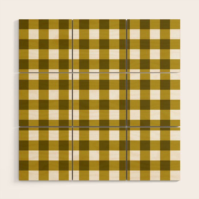 Mustard Olive Gingham Check Wood Wall Art Gallery Image 1