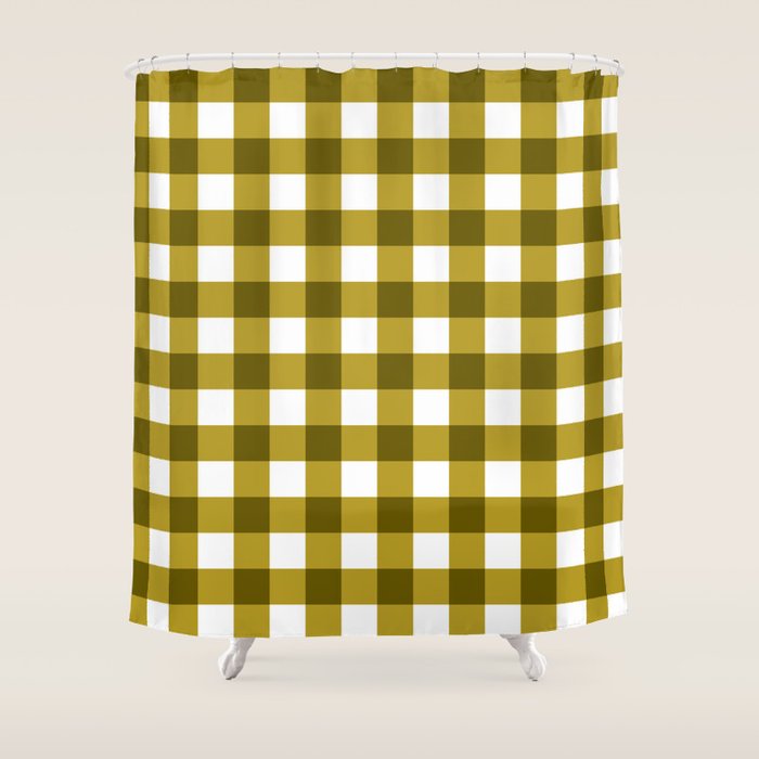 Mustard Olive Gingham Check Shower Curtain Gallery Image 1