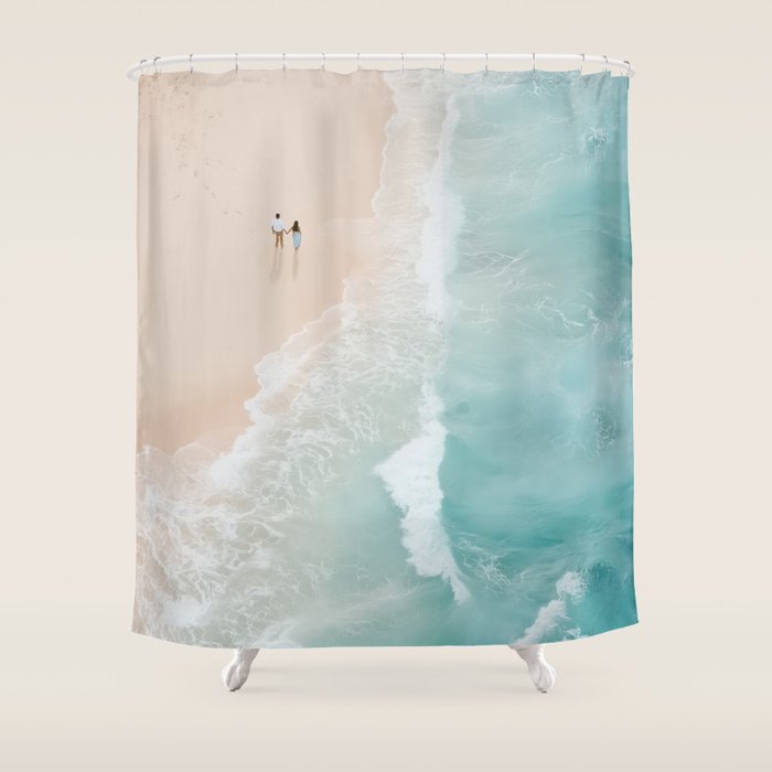 Couple on the Pastel Shore - Aerial Coastal Print Shower Curtain Gallery Image 1