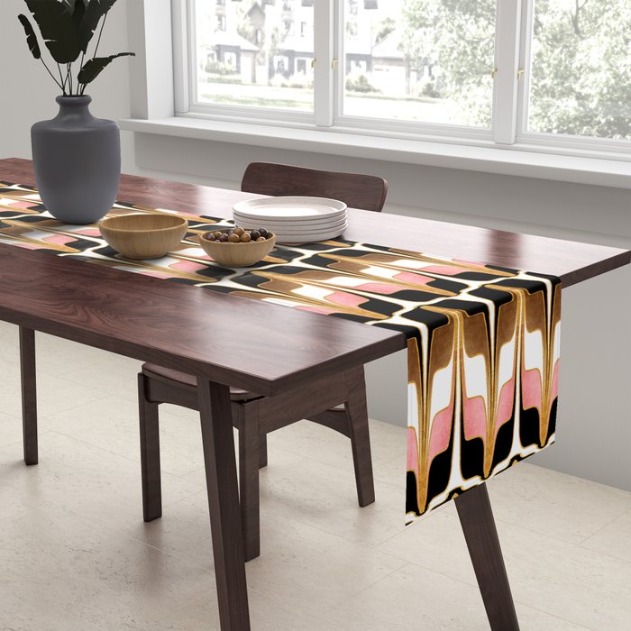 Mid Century Modern Liquid Watercolor Abstract / Faux Gold, Blush Pink, Brown, Black, White / V1 Table Runner Gallery Image 2