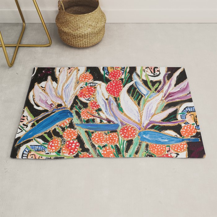 Lions and Tigers Dark Floral Still Life Painting Rug Gallery Image 1