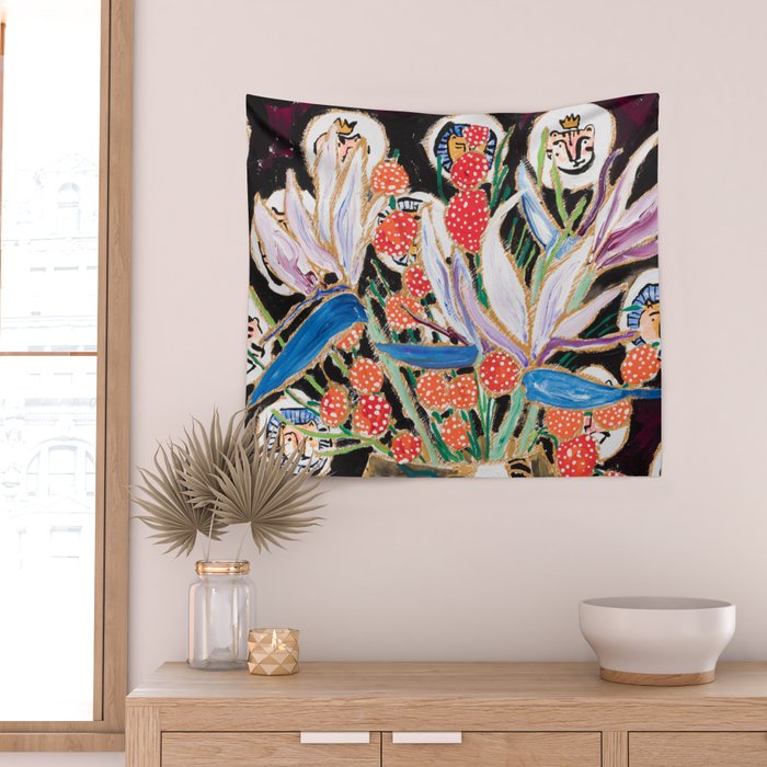Lions and Tigers Dark Floral Still Life Painting Wall Tapestry Gallery Image 2