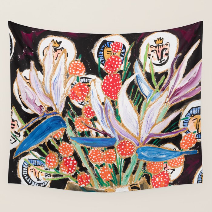 Lions and Tigers Dark Floral Still Life Painting Wall Tapestry Gallery Image 1