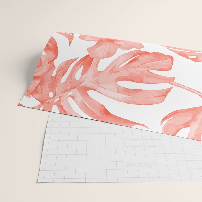 Tropical Hibiscus and Palm Leaves Dark Coral White Wrapping Paper Gallery Image 2