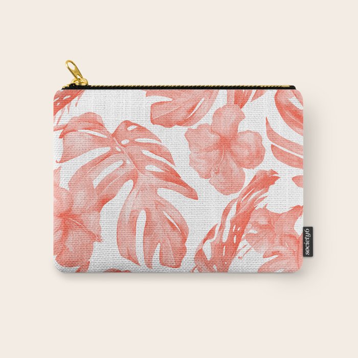 Tropical Hibiscus and Palm Leaves Dark Coral White Carry All Pouch Gallery Image 1