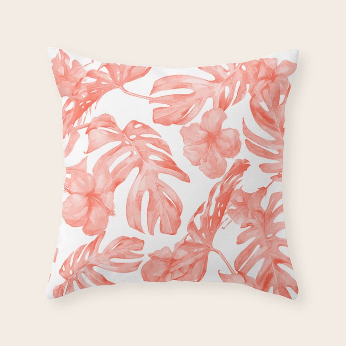 Tropical Hibiscus and Palm Leaves Dark Coral White Throw Pillow Gallery Image 1