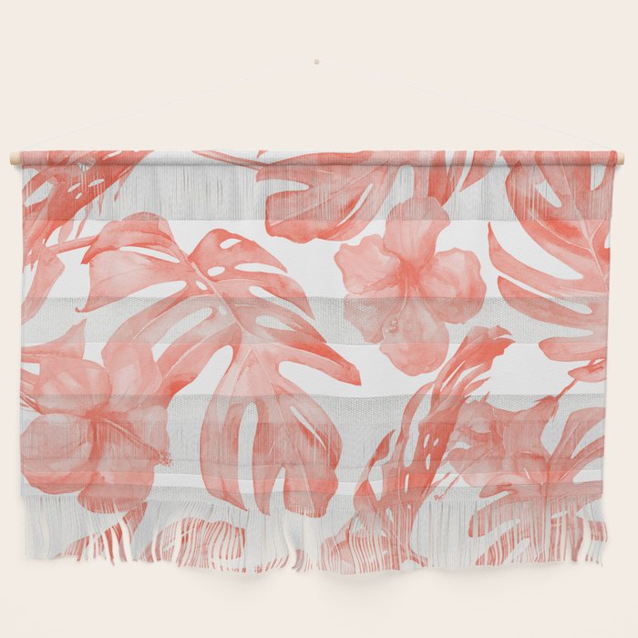 Tropical Hibiscus and Palm Leaves Dark Coral White Wall Hanging Gallery Image 1