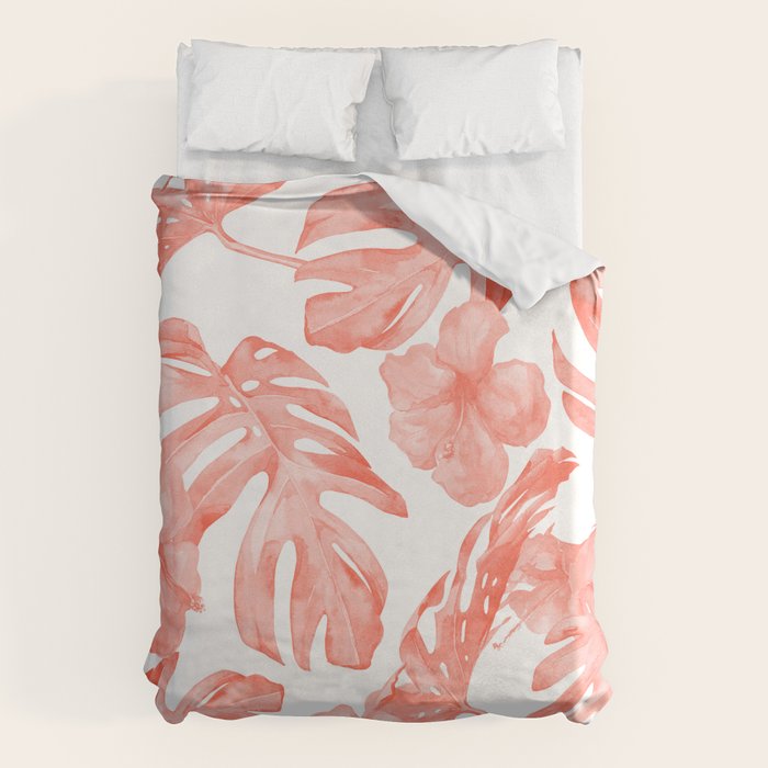 Tropical Hibiscus and Palm Leaves Dark Coral White Duvet Cover Gallery Image 1