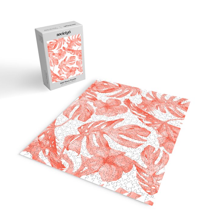 Tropical Hibiscus and Palm Leaves Dark Coral White Jigsaw Puzzle Gallery Image 2