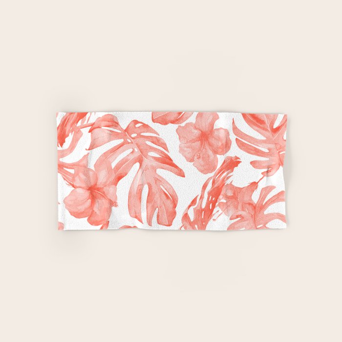 Tropical Hibiscus and Palm Leaves Dark Coral White Bath Towel Gallery Image 1