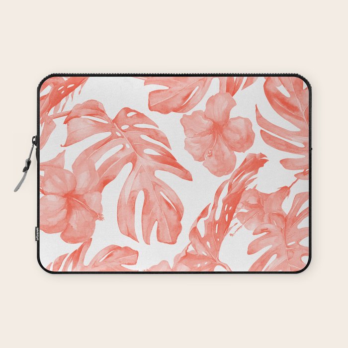 Tropical Hibiscus and Palm Leaves Dark Coral White Laptop Sleeve Gallery Image 1