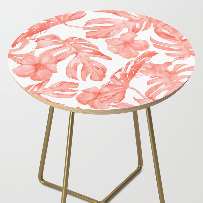 Tropical Hibiscus and Palm Leaves Dark Coral White Side Table Gallery Image 2