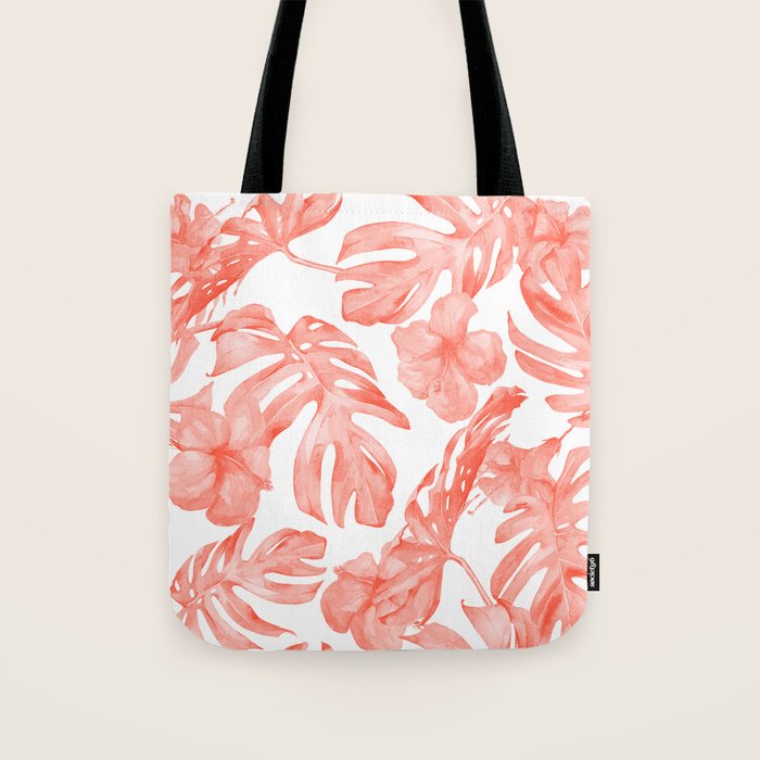 Tropical Hibiscus and Palm Leaves Dark Coral White Tote Bag Gallery Image 1