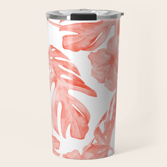 Tropical Hibiscus and Palm Leaves Dark Coral White Travel Mug Gallery Image 1