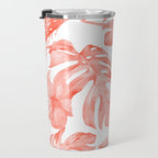 Tropical Hibiscus and Palm Leaves Dark Coral White Travel Mug Gallery Image 3
