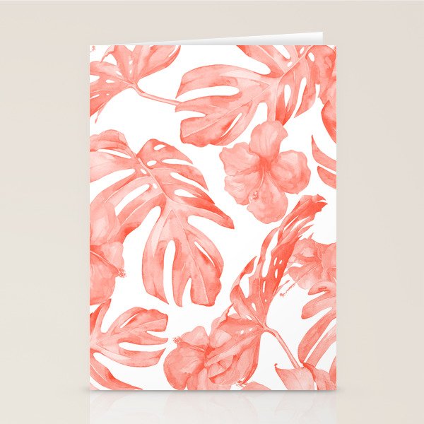 Tropical Hibiscus and Palm Leaves Dark Coral White Stationery Card Gallery Image 2