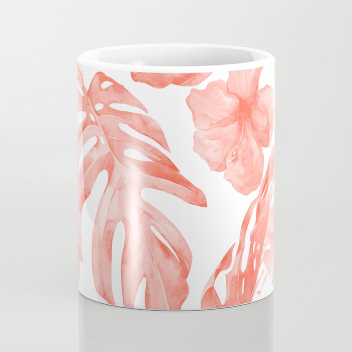 Tropical Hibiscus and Palm Leaves Dark Coral White Coffee Mug Gallery Image 4
