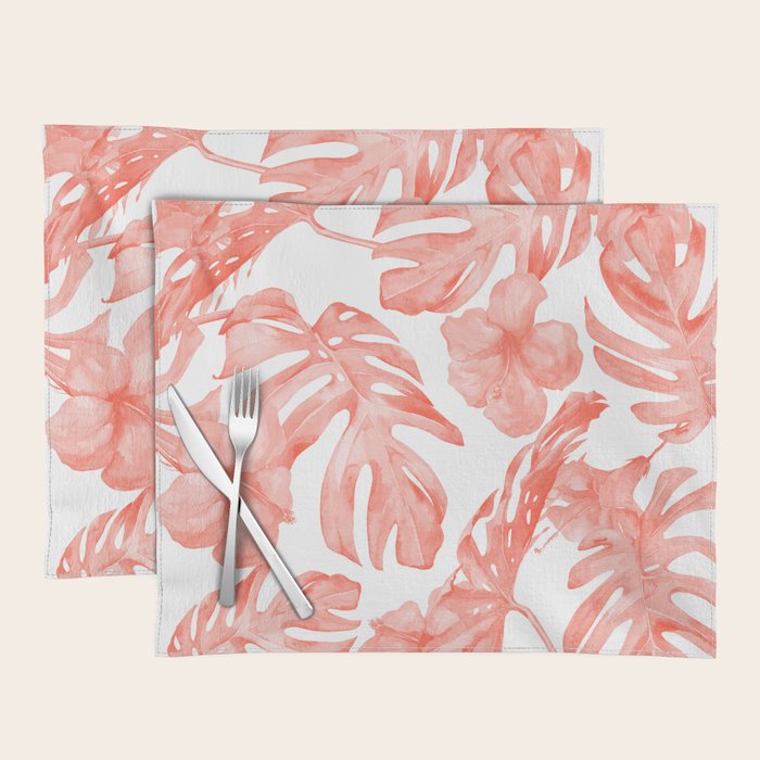 Tropical Hibiscus and Palm Leaves Dark Coral White Placemat Gallery Image 1