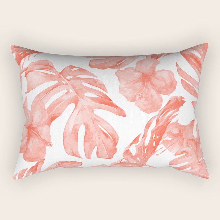 Tropical Hibiscus and Palm Leaves Dark Coral White Rectangular Pillow Gallery Image 2