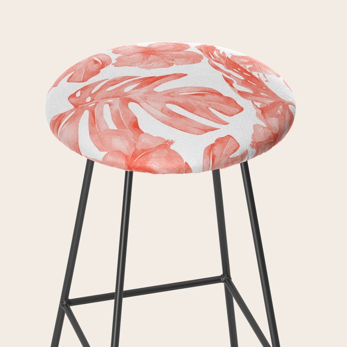 Tropical Hibiscus and Palm Leaves Dark Coral White Stool Gallery Image 2