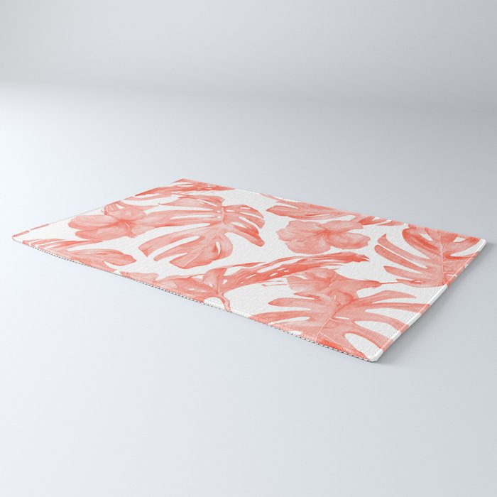 Tropical Hibiscus and Palm Leaves Dark Coral White Rug Gallery Image 3