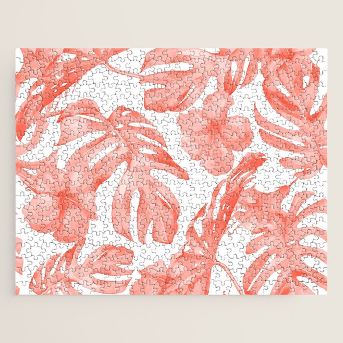 Tropical Hibiscus and Palm Leaves Dark Coral White Jigsaw Puzzle Gallery Image 1