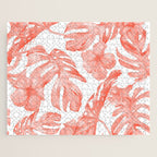 Tropical Hibiscus and Palm Leaves Dark Coral White Jigsaw Puzzle Gallery Image 1