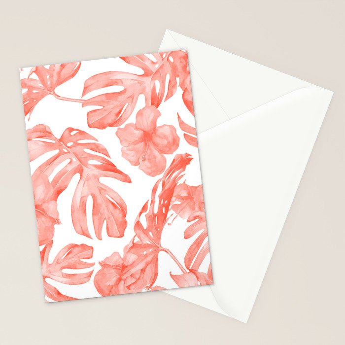 Tropical Hibiscus and Palm Leaves Dark Coral White Stationery Card Gallery Image 2