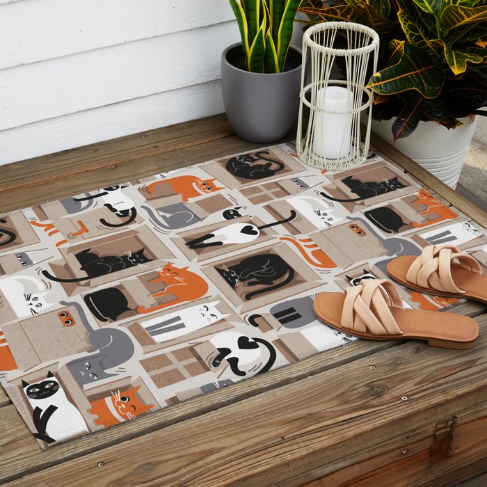 Purfect feline architecture // beige background cute cats in cardboard boxes Outdoor Rug Gallery Image 2