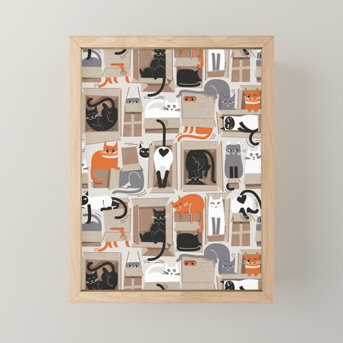 Purfect feline architecture // beige background cute cats in cardboard boxes Mini Art Print Gallery Image 1