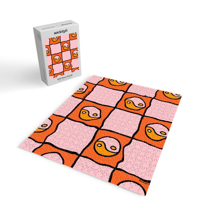 Orange Ying yang Checkered Print Jigsaw Puzzle Gallery Image 2