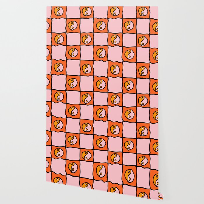 Orange Ying yang Checkered Print Wallpaper Gallery Image 2