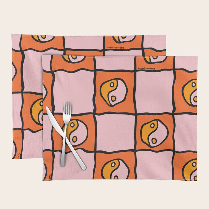 Orange Ying yang Checkered Print Placemat Gallery Image 1