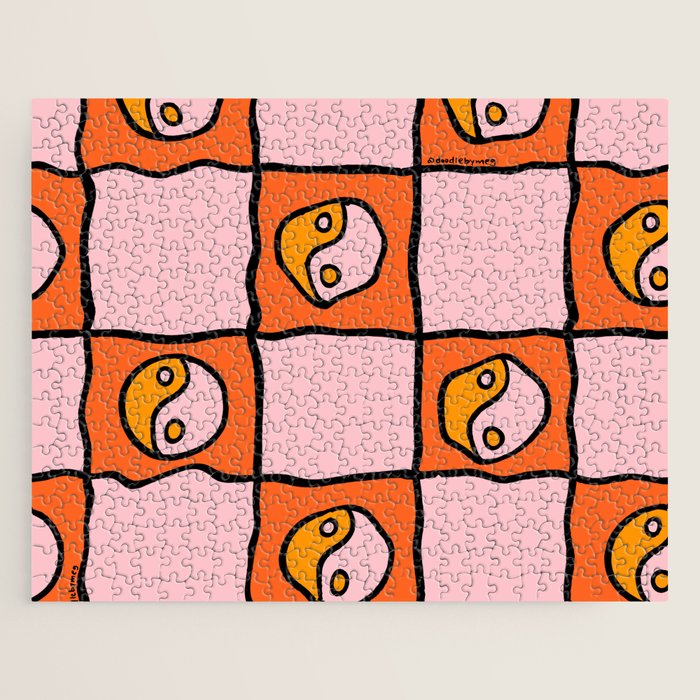 Orange Ying yang Checkered Print Jigsaw Puzzle Gallery Image 1