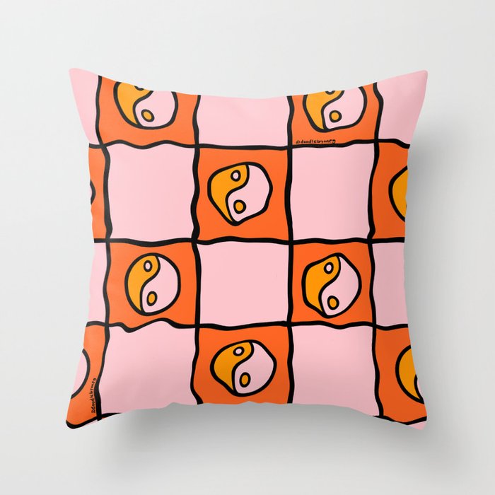 Orange Ying yang Checkered Print Throw Pillow Gallery Image 1
