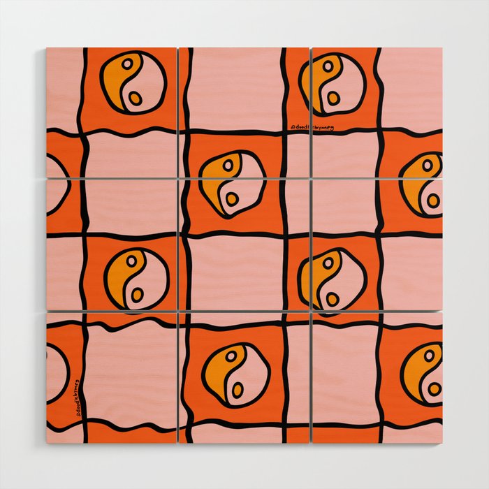 Orange Ying yang Checkered Print Wood Wall Art Gallery Image 1