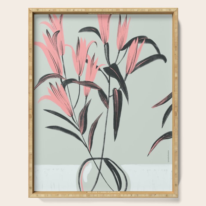 naive illustration of pink lily flower in a vase Serving Tray Gallery Image 1