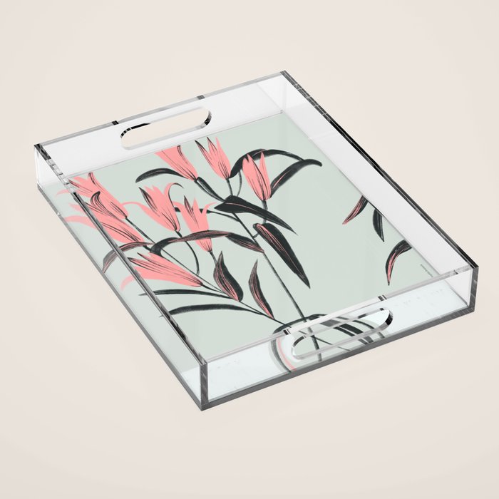 naive illustration of pink lily flower in a vase Acrylic Tray Gallery Image 1