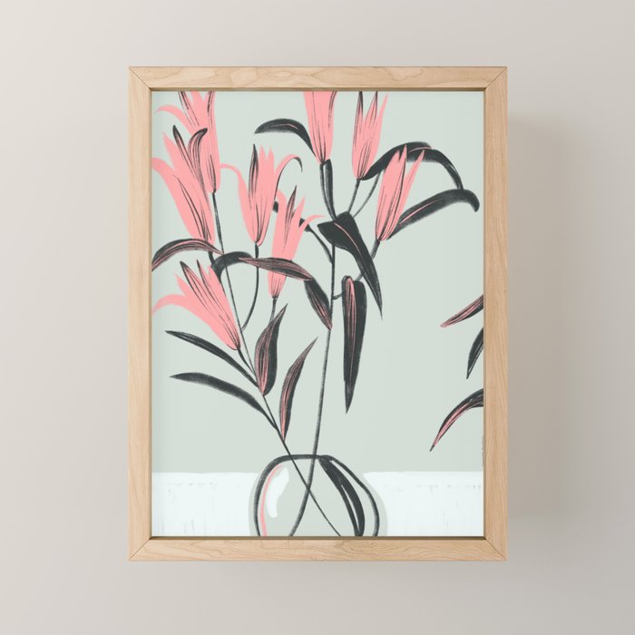 naive illustration of pink lily flower in a vase Mini Art Print Gallery Image 1
