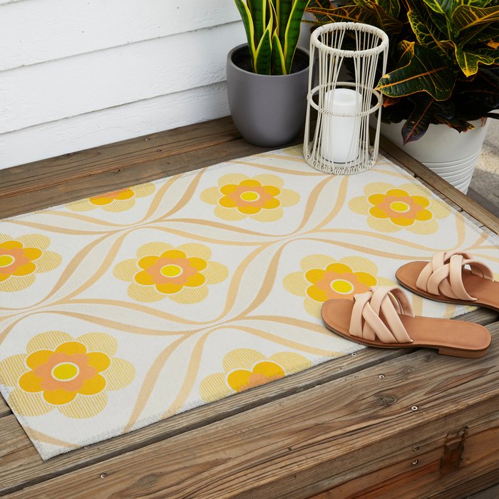 Vintage 70s Yellow Floral Pattern Outdoor Rug Gallery Image 2