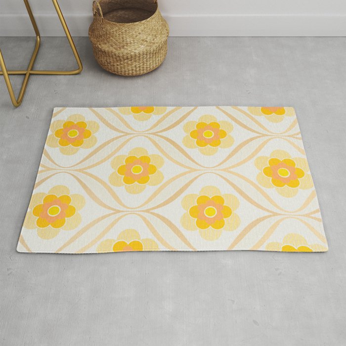 Vintage 70s Yellow Floral Pattern Rug Gallery Image 1
