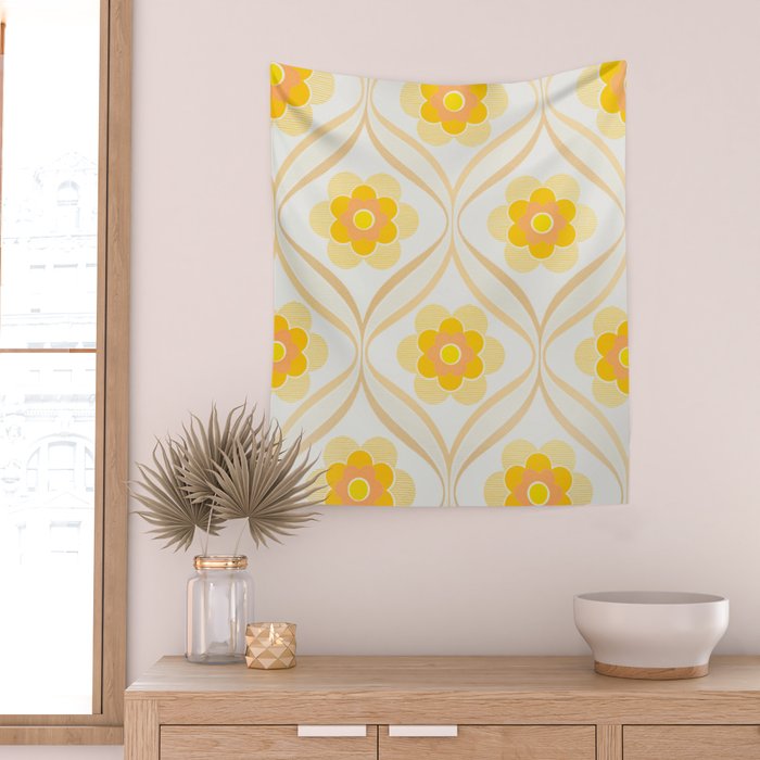 Vintage 70s Yellow Floral Pattern Wall Tapestry Gallery Image 2