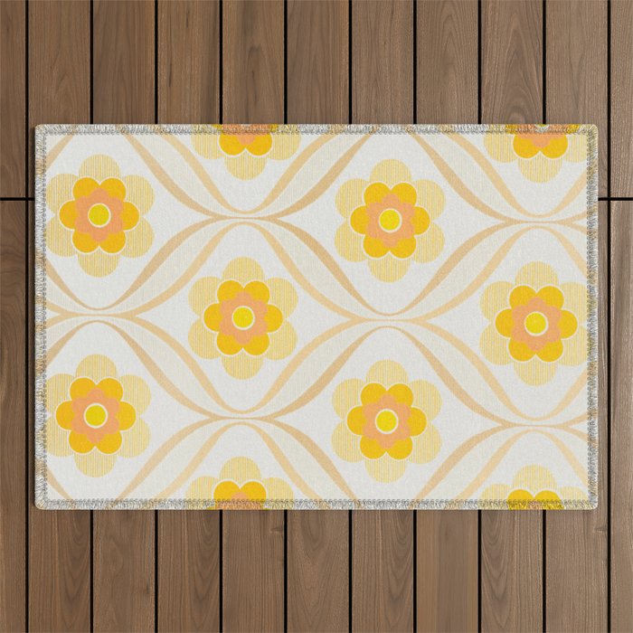 Vintage 70s Yellow Floral Pattern Outdoor Rug Gallery Image 1