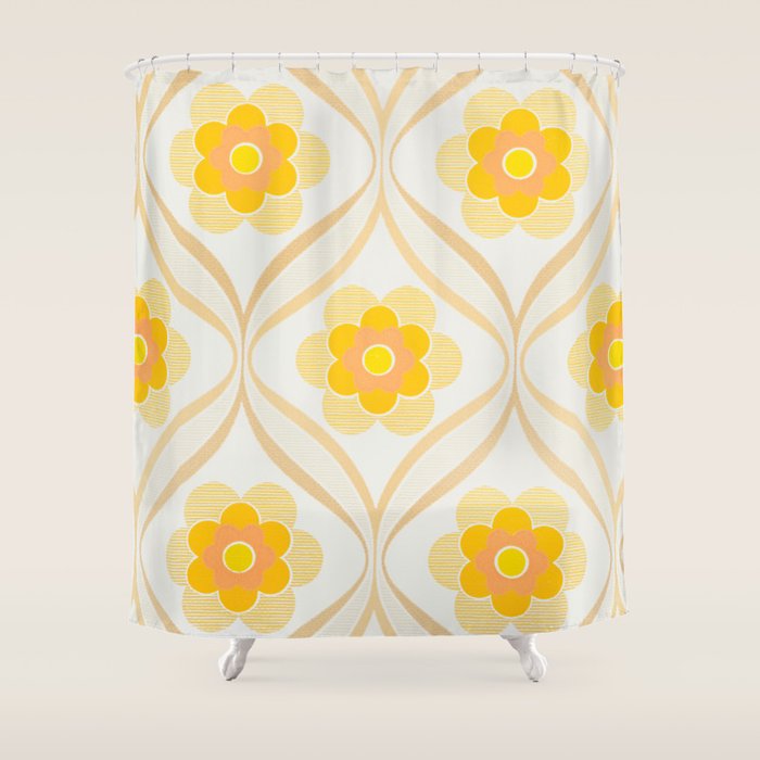 Vintage 70s Yellow Floral Pattern Shower Curtain Gallery Image 1