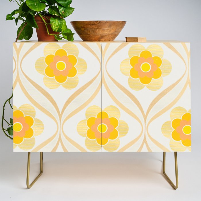 Vintage 70s Yellow Floral Pattern Credenza Gallery Image 1