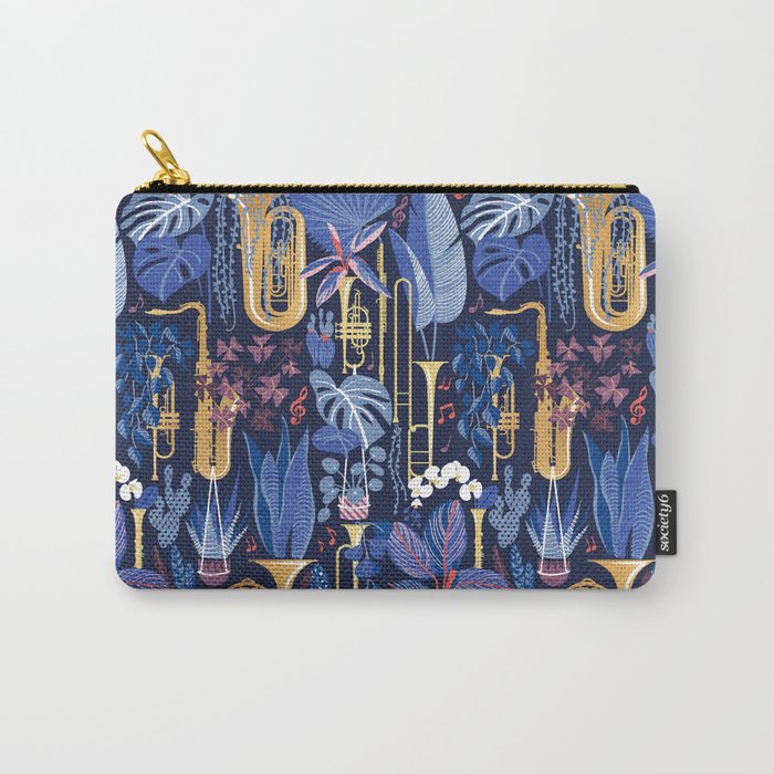 Music to my eyes // oxford navy blue background gold textured musical instruments blue indoor plants coral music notes Carry All Pouch Gallery Image 1